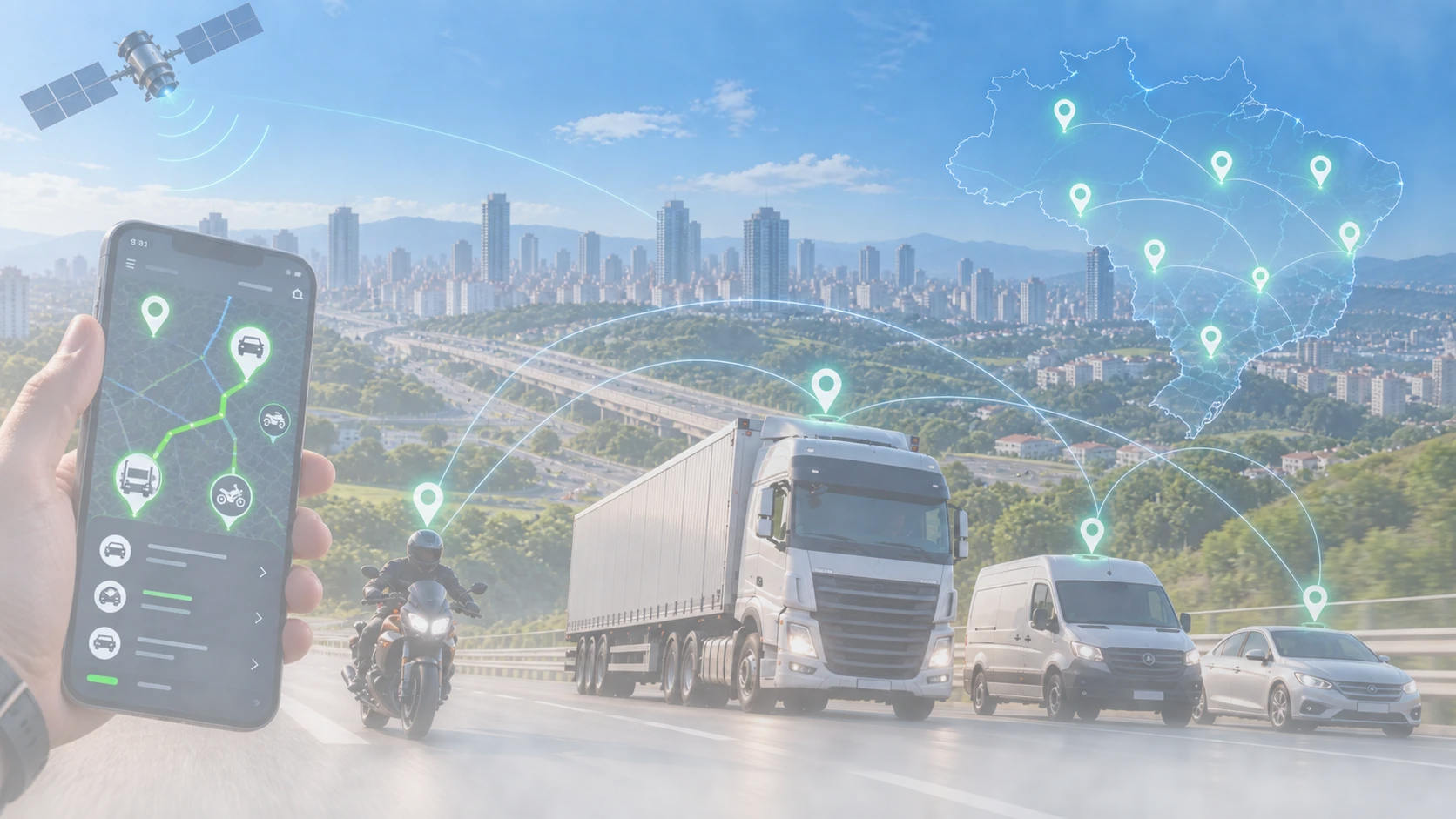 Moto, caminhão, van e carro rastreados em rodovia, com o aplicativo GS TRACKER no celular e pontos de localização pelo Brasil